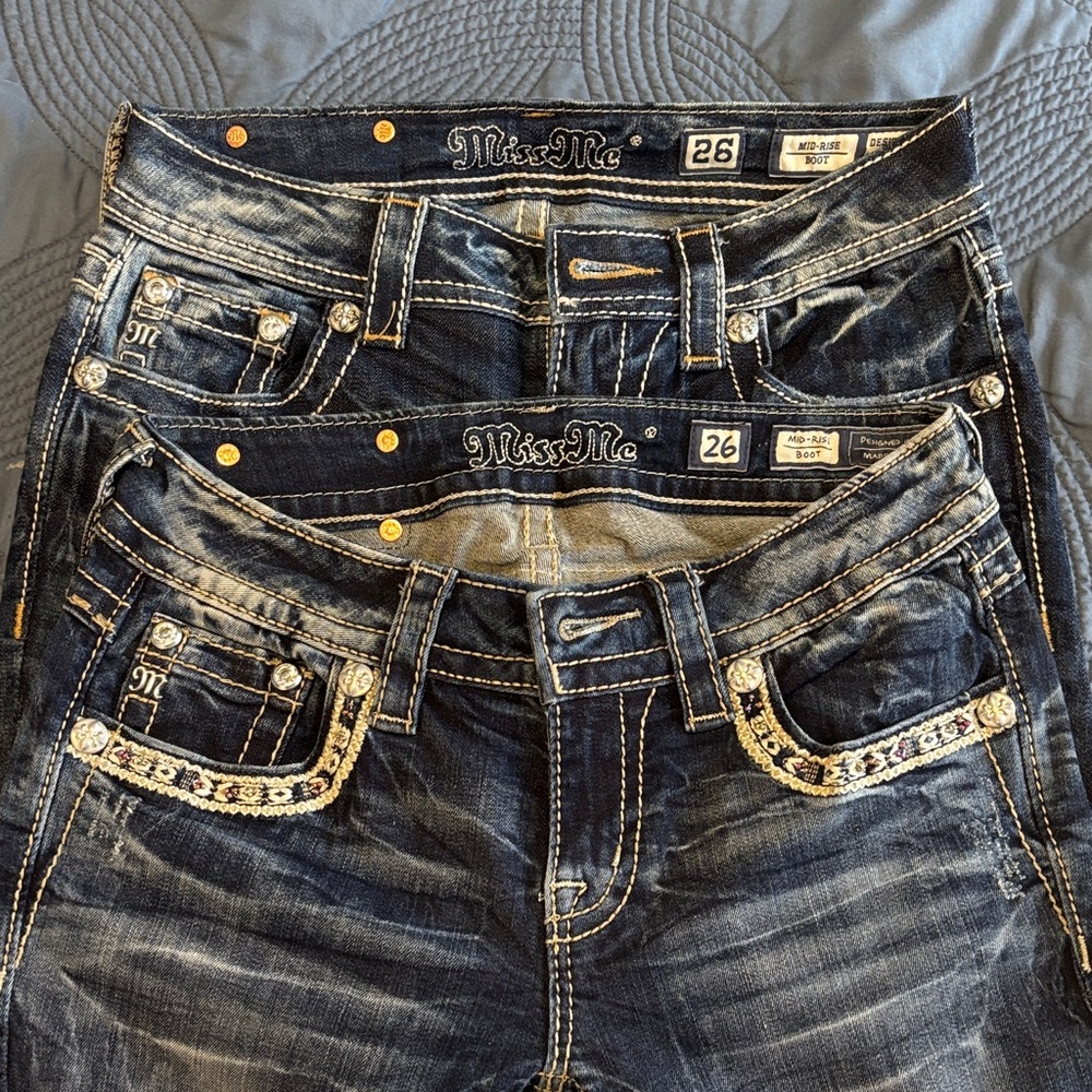 Miss Me Dark Blue Flare Jeans with Gold Embroidery - Picture 2 of 4